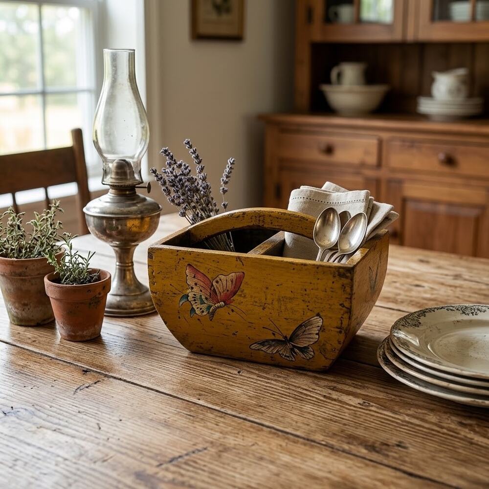 Vintage Folk Art Hand Painted Yellow Wooden Caddy Basket Butterfly Decor